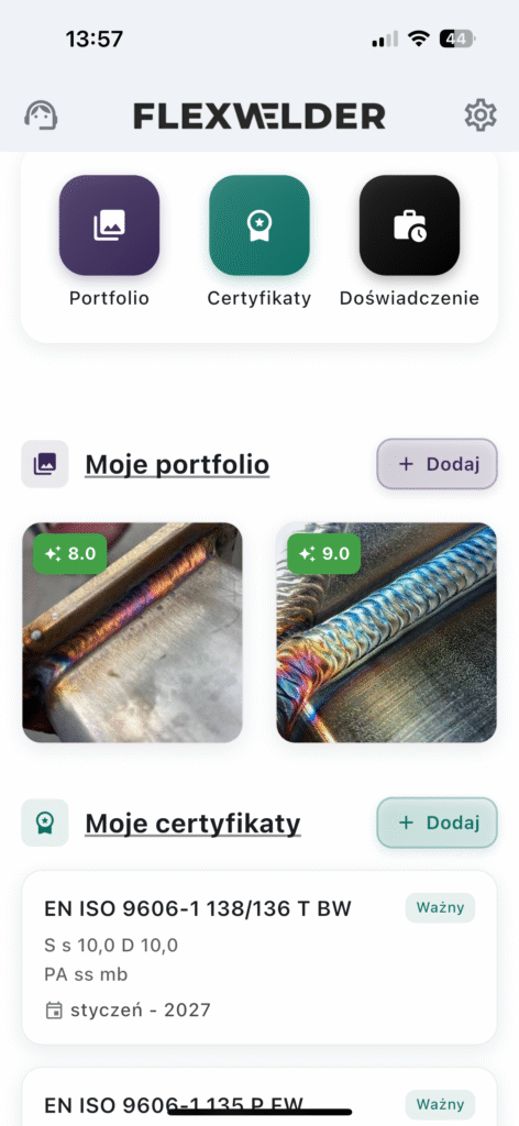 Ekran portfolio w aplikacji FlexWelder